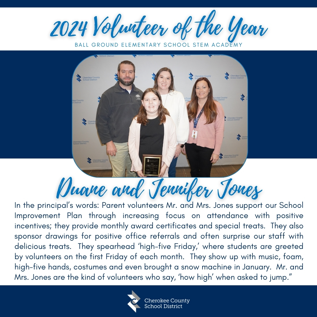 Volunteers make a positive difference in our schools, which is why we spotlight them here ... congratulations to Ball Ground ES STEM Academy 2024 Volunteer of the Year: Duane and Jennifer Jones! #CCSDfam