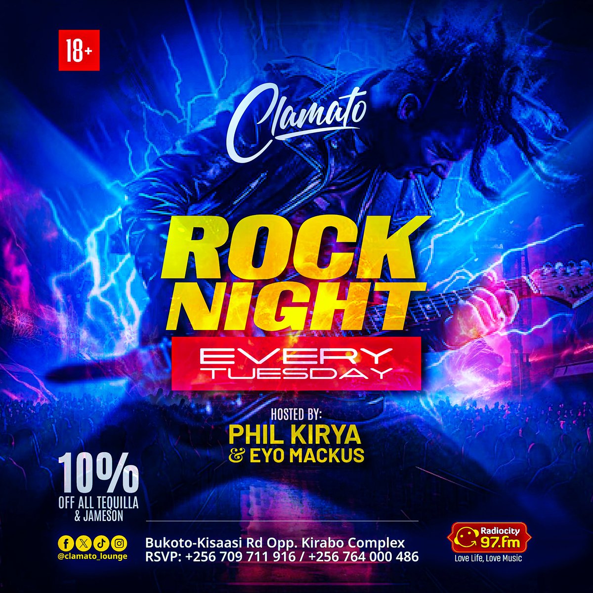Hello my rock lovers, Rock music has a new every Tuesday with @PhilKirya and @EyoMackus  and that is @clamato_lounge 🎸

Don’t forget a 10% off all tequila and Jameson 

#ClamatoRockTuesdays