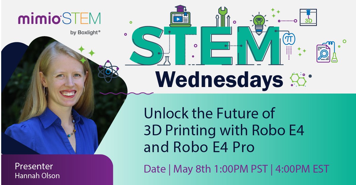 Discover the future of #3Dprinting this Wednesday! Hannah will highlight the enhanced features of the new #Robo3D printers - Robo E4 and E4 Pro. 

Don't miss out! hubs.la/Q02w8XwW0

#RoboE4 #RoboE4Pro #3Dprinter #STEMedu #edtech #edtechchat #MimioSTEM @boxlightinc