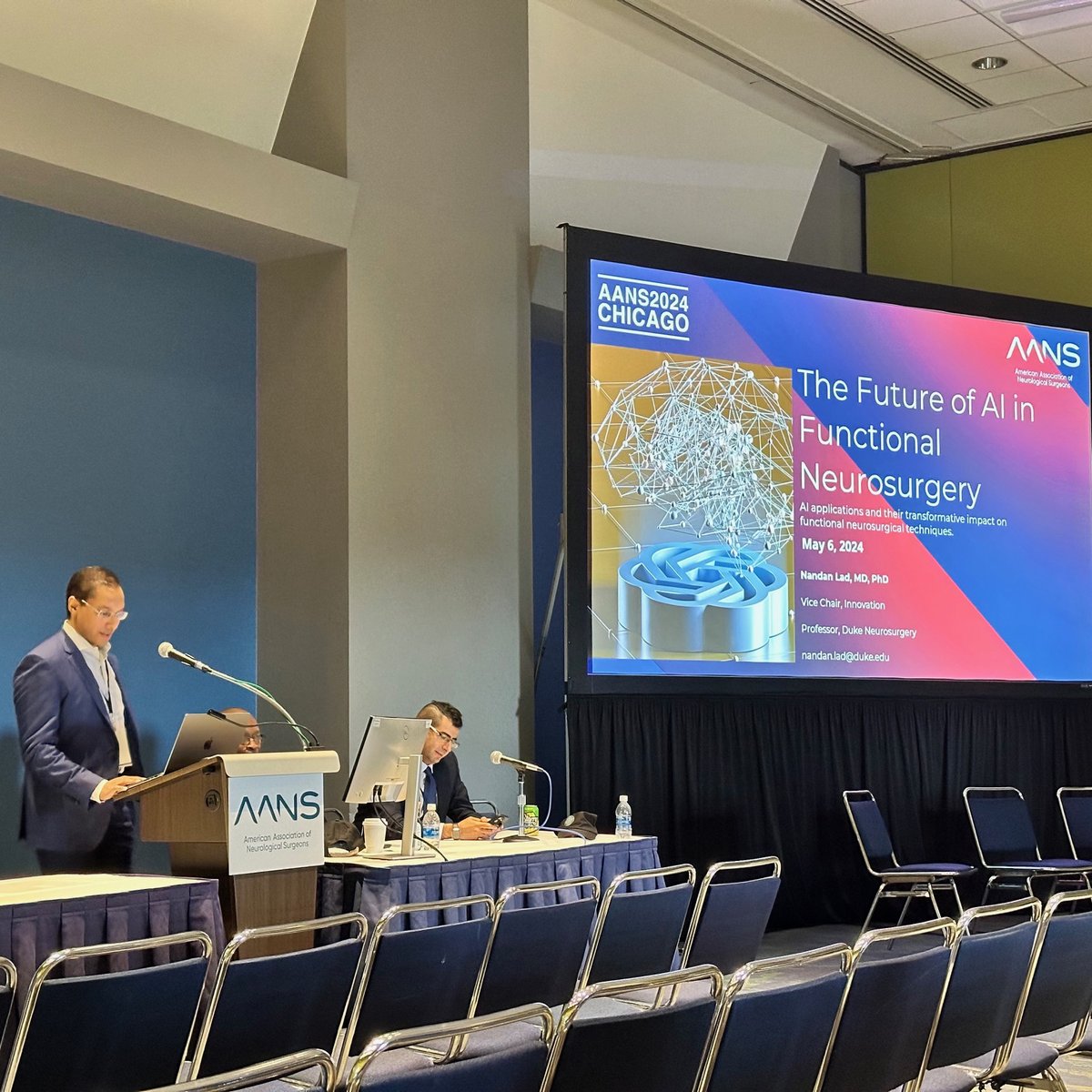 Here's Nandan Lad (@LadNeurosurgery) discussing the future of #AI in #functionalneurosurgery at #AANS2024. #DukeatAANS