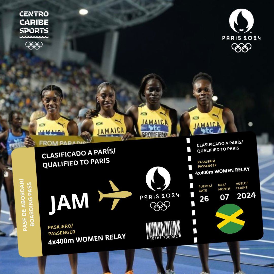 🇯🇲🔜🇫🇷

The Jamaica Women’s 4x400m relay qualified to the Paris 2024 Olympics in the World Athletics Relays Bahamas 2024.

👏 Congratulations Roneisha, Charokee, Ashley and Junelle 🏃🏾‍♀️🇯🇲🔜🇫🇷!

#huellas #centrocaribesports