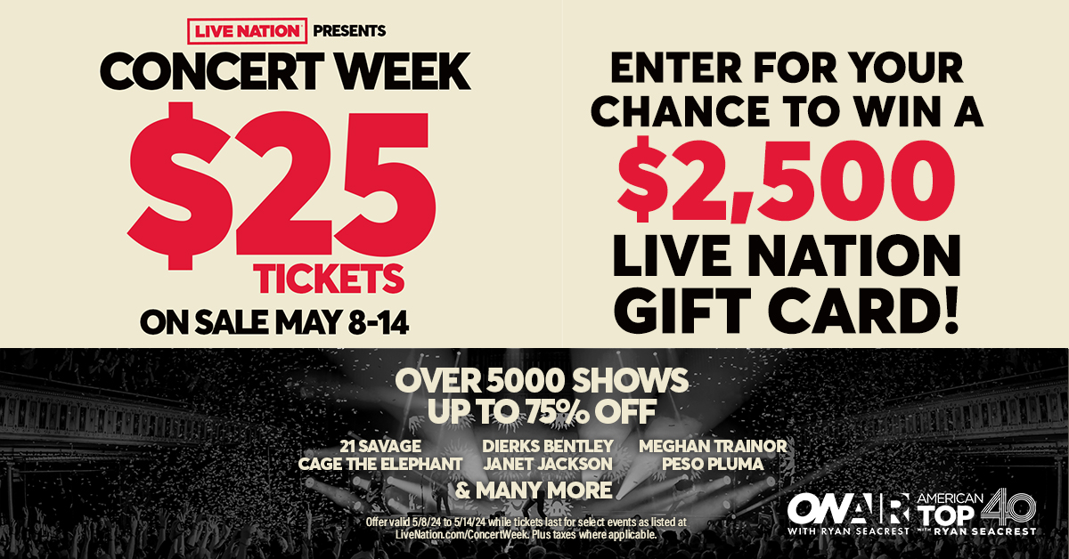 Enter for the chance to win a $2500 @LiveNation Gift card! Live Nation Presents Concert Week. Grab your tickets from May 8th-May 14th to see ALL of the artists you love for just 25 dollars each. Prize provided by Live Nation. Enter and get rules at bit.ly/4doReFz