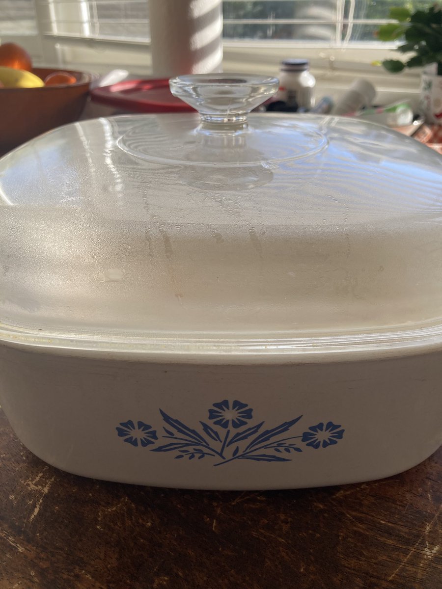 All the food my family dropped off this weekend came in original 1970s Corning Ware, because we don’t throw out.