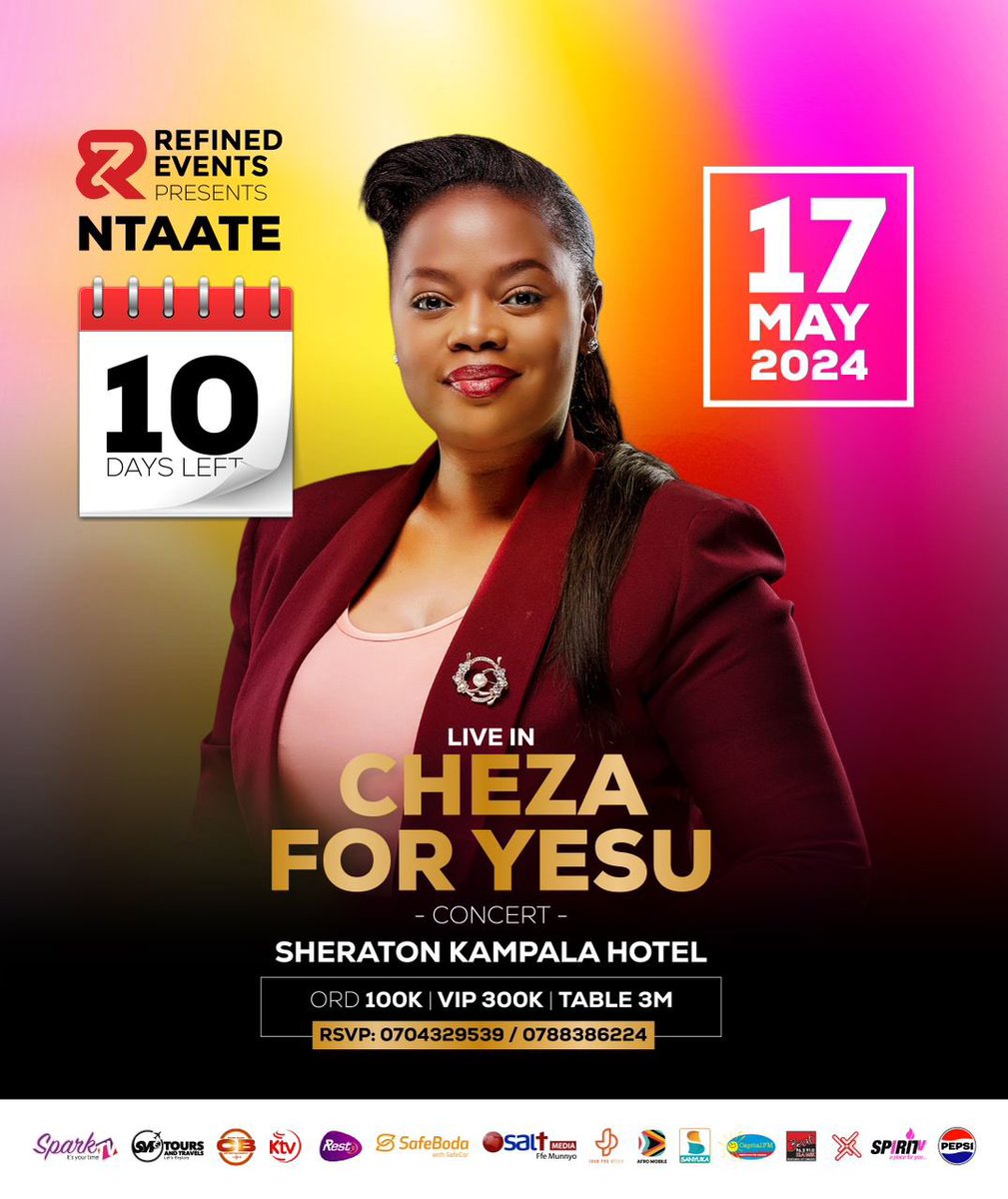 It’s now less than 2 weeks to #ChezaForYesuConcert. Go secure that ticket to one of the biggest events this year. 

Tickets go for as low as 100k ordinary and you can purchase from @kampalaserena Hotel, worship House Nansana, Sparkles saloon among others.