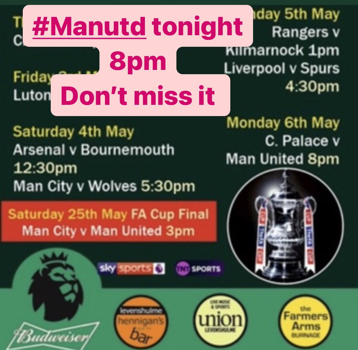 Tonight it’s #manutd 8pm <a href="/hennigansbar/">Hennigans Sports Bar</a> <a href="/levunion/">union Levenshulme</a> and Farmers Arms Burnage