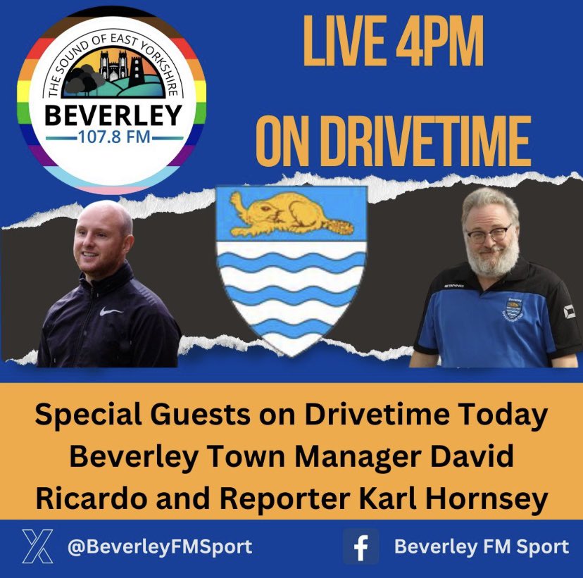 Tune into Drivetime on @Beverley_FM with Martin Cattle as he speaks to David Ricardo and Karl Hornsey as @bevtownfc made the playoff final! Not to be missed! #thesoundofeastyorkshire