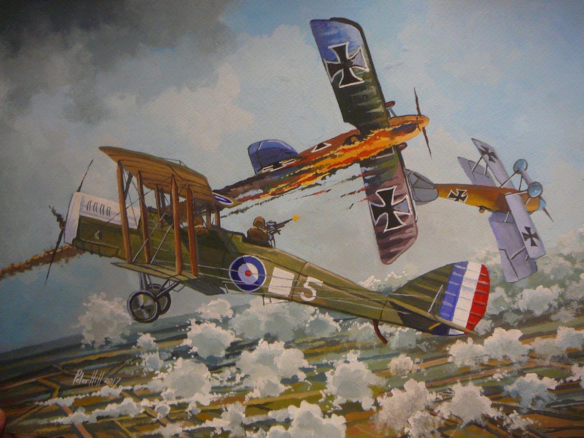 Acrylic l painted in 2017.
Airco (Dehavilland) DH4 in 1918. Fans of Roy Cross’ work for Airfix may recognise the burning Albatros! 😁