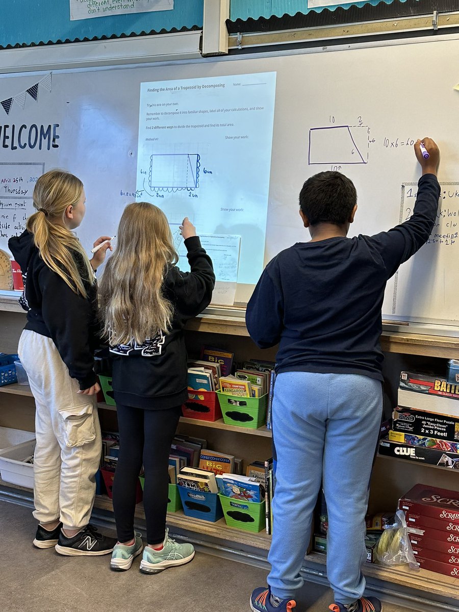 Students love to share their strategies! We worked on how to find the area of a trapezoid by decomposing it into areas of shapes we already knew, like triangles and rectangles. @GS_Gators
