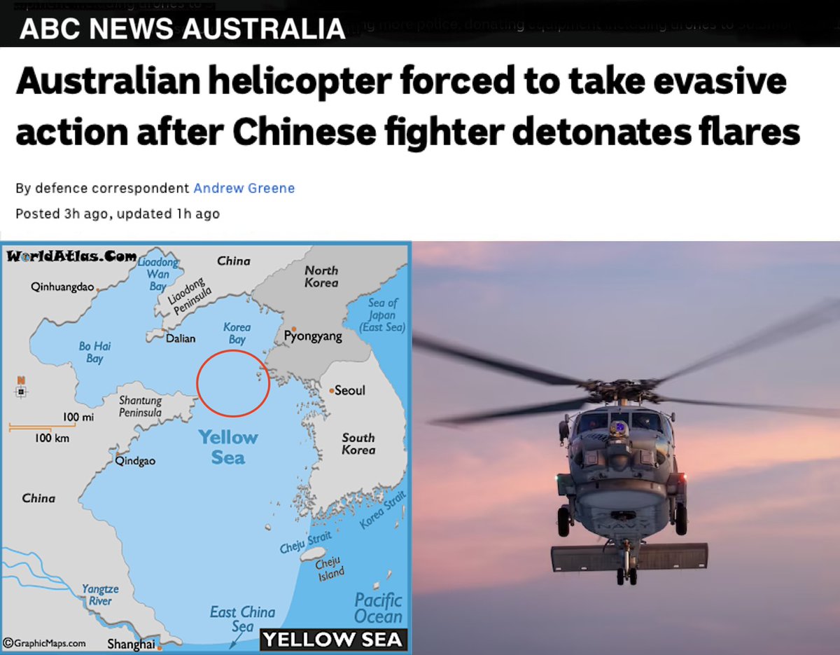 1) #Australian helicopter forced to take evasive action after #Chinese fighter detonates flares

⚡️In short: An Australian pilot was forced to take evasive action after a Chinese military jet detonated flares close to a Navy helicopter near South Korea.

⚡️The Defence Department…