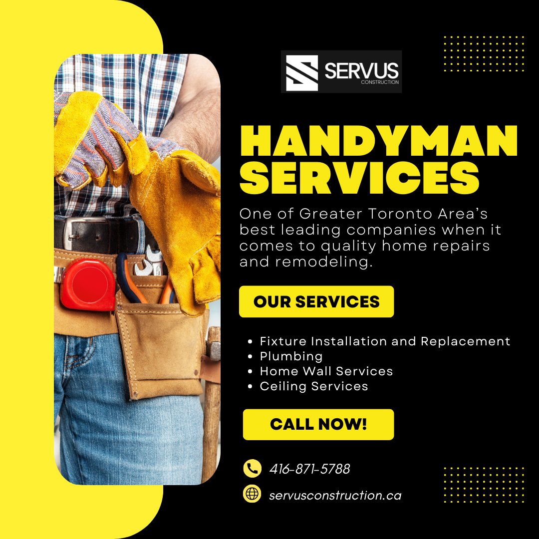 Look no further! At Servus Construction, we are proud to be one of the Greater Toronto Area's leading companies for quality home repairs and remodeling.
 Call us now: 416-871-5788
 Visit us at: servusconstruction.ca
#ServusConstruction #HandymanServices #HomeRepairs #Remodeling