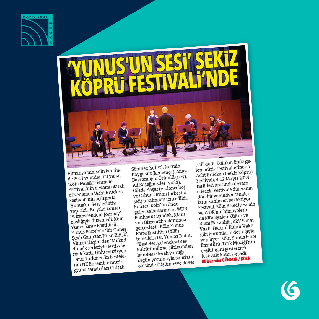 #BasındaBiz @yeekoln Almanya’nın Köln şehrinde 2011 yılından bu yana Köln MusikTriennale Festivali’nin devamı olarak düzenlenen Acht Brücken Festivali’nin açılışında “Yunus’un Sesi” esintisi yaşatıldı. #yunusemreenstitüsü