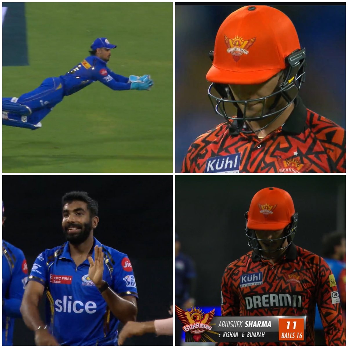 Abhishek Sharma departs for 11 off 16 - Jasprit Bumrah gets the first wicket for MI. bit.ly/TigerExch-Twit…