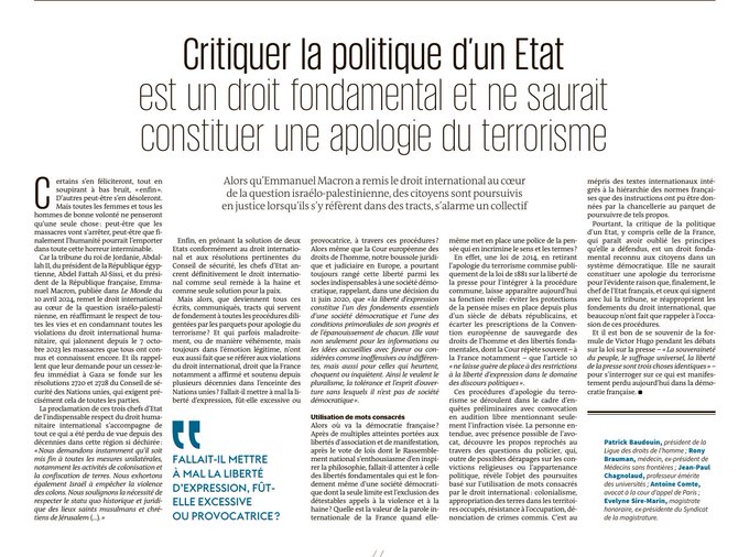 « Critiquer la politique d’un Etat est un droit fondamental et ne saurait constituer une apologie du terrorisme » par Patrick Baudouin, président de la Ligue des droits de l’homme, Rony Brauman, Evelyne Sire-Marin, etc. lemonde.fr/idees/article/…