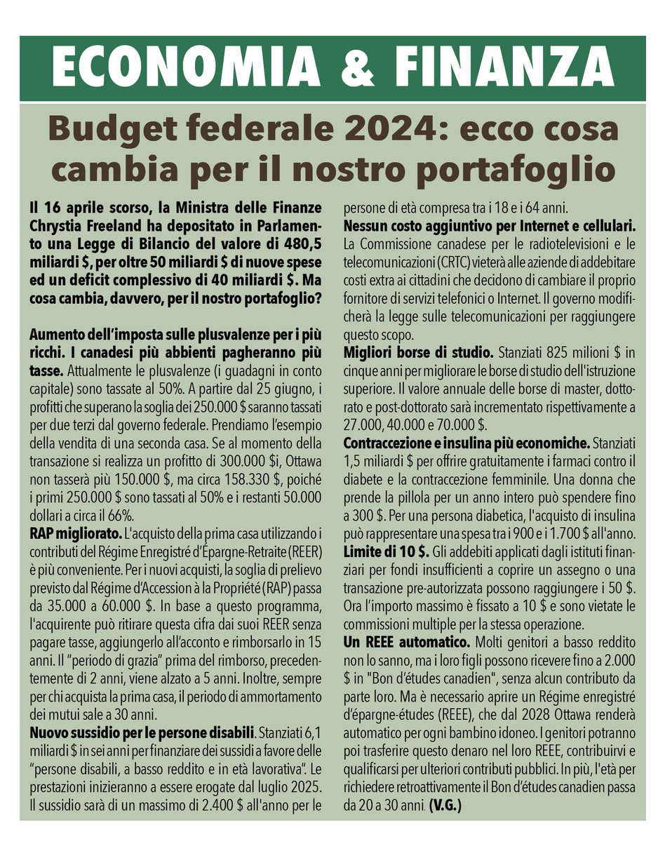 ECONOMIA & FINANZA

Budget federale 2024
di @Vittoriog82 

Il 16 aprile scorso è stato depositato una Legge di Bilancio del valore di 480,5 miliardi $. Ma cosa cambia per il nostro portafoglio?
 
👉cittadino.ca/nuova-assicura…

#economia #economy #finanza #finance #financetips