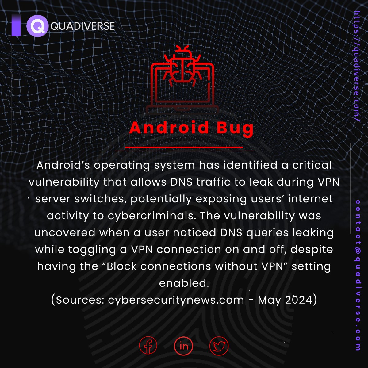 Visit us at: quadiverse.com
.
.
#quadiverse #softwareupdates #securityalerts #cybersecurity #SoftwareTesting #qa #quadiverse #automation #qualityassurance #Tech #vulnerable #bugs #bugfree #defects #vulnerbilities
