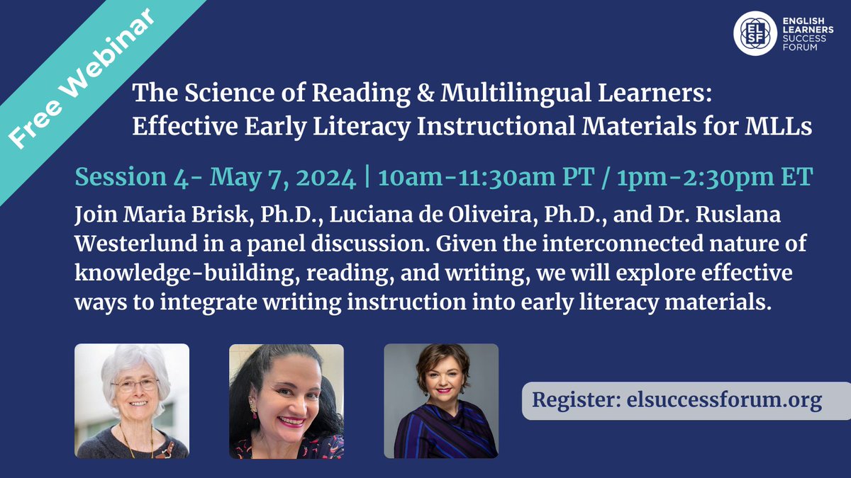 Tomorrow is the day! Join us for Session 4 of our webinar series: 'The Science of Reading & Multilingual Learners.' Don't miss this opportunity to learn from leading experts about integrating writing instruction into early literacy materials. #Literacy elsuccessforum.org/news/the-scien…