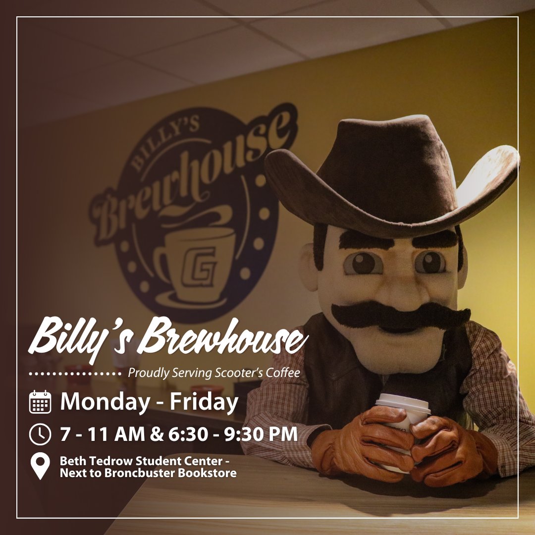 Happy #FinalsWeek! Busters - Take a break between finals and grab a FREE hot or iced coffee from Billy's Brewhouse! ☕Open Weekdays ⌚7:00 to 11:00 AM & 6:30 to 9:30 PM 📍Next to the Broncbuster Bookstore in the Beth Tedrow Student Center.
