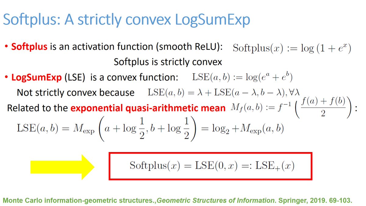 Softplus is a strictly convex activation function smoothing ReLU. It is related to LogSumExp (LSE) by fixing one argument to zero. LSE is only convex but fixing one argument to zero makes it strictly convex and yields the softplus function. tinyurl.com/MonteCarloIG