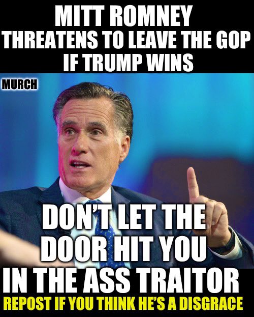 Once upon a time failed presidential candidate and disgraced Senator Mitt Romney says he will leave the GOP and join the democrats if Trump wins. You are a Democrat you clown. Who can’t wait to see this traitor leave ? 🙋‍♂️