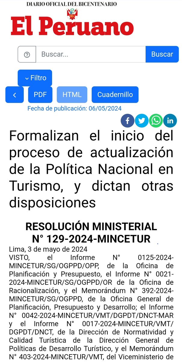 Hoy se publicó la Resolución Ministerial N°129-2024-MINCETUR que actualiza la política de TURISMO en el Perú 🇵🇪

Es un hecho muy importante si queremos que el turismo sea un motor económico del país.