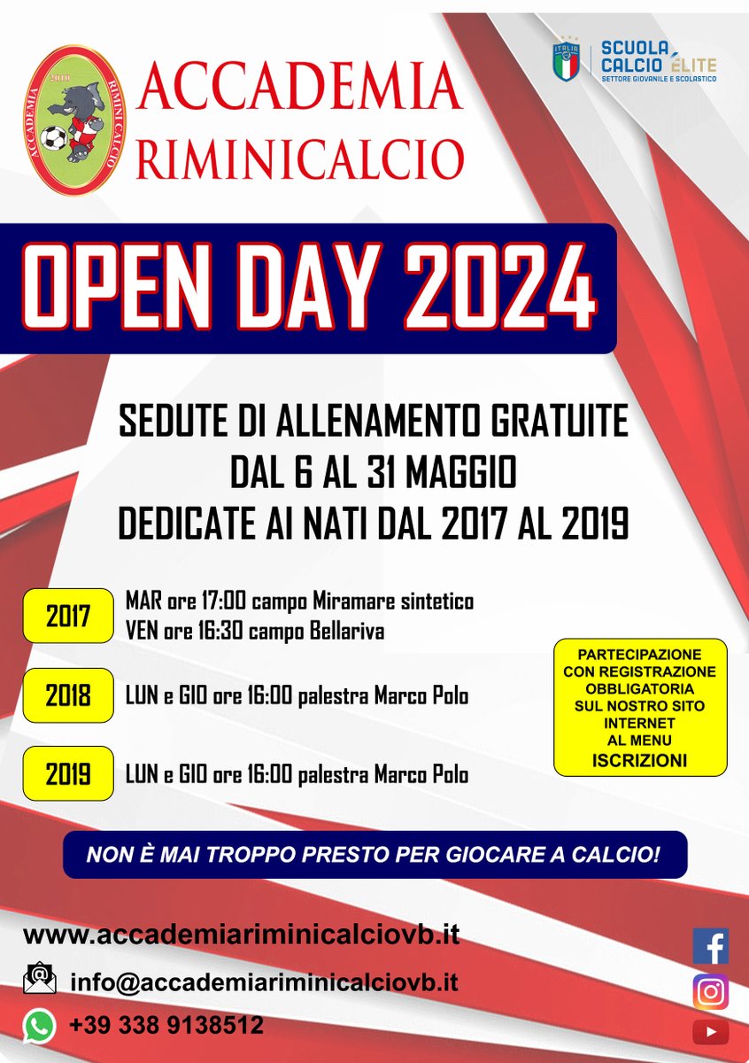 𝗥𝗶𝗺𝗶𝗻𝗶 𝗙𝗼𝗼𝘁𝗯𝗮𝗹𝗹 𝗖𝗹𝘂𝗯 🤝 Accademia Riminicalcio VB

📣 𝗢𝗣𝗘𝗡 𝗗𝗔𝗬 𝟮𝟬𝟮𝟰 📣

🗓 Dal 6 al 31 maggio
➡ Per i nati dal 2017 al 2019

Perchè...𝙣𝙤𝙣 𝙚̀ 𝙢𝙖𝙞 𝙩𝙧𝙤𝙥𝙥𝙤 𝙥𝙧𝙚𝙨𝙩𝙤 𝙥𝙚𝙧 𝙜𝙞𝙤𝙘𝙖𝙧𝙚 𝙖 𝙘𝙖𝙡𝙘𝙞𝙤 ⚽️

#ForzaRiminiSempre ⚪🔴