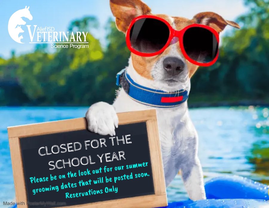 We are officially CLOSED for the summer. Please continue following our Instagram and Twitter for potential summer grooming dates TBD. Thank you <a href="/alief_proud/">Alief ISD</a> for another successful year, servicing a total 288 pets! Please wish our kids luck as they prepare for their CVA exams!
