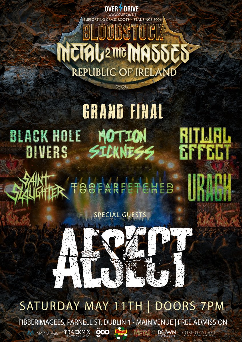 Saturday : M2TM IRELAND 2024 - GRAND FINAL with BLACK HOLE DIVERS , MOTION SICKNESS , RITUAL EFFECT , SAINT SLAUGHTER , TOO FAR FETCHED ,URAGH plus special Guest AeSect , free admission