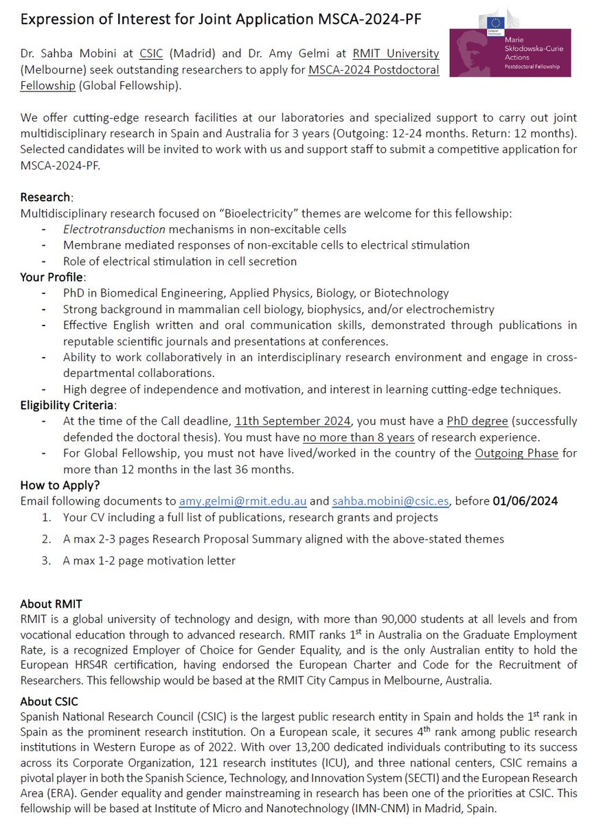 ES4TERM (@es4neu) on Twitter photo 📢You need a host organization and research group for postdoctral fellowship application #MSCA_PF_2024!!
<a href="/MSCActions/">Marie Skłodowska-Curie Actions</a>
📍We <a href="/CSIC/">CSIC</a> and <a href="/RMIT/">RMIT University</a> offer to host a joint global postdoctral fellow for this call!
👀 See our offer, research area, application steps, and much more here 👇 📢You need a host organization and research group for postdoctral fellowship application #MSCA_PF_2024!!
<a href="/MSCActions/">Marie Skłodowska-Curie Actions</a>
📍We <a href="/CSIC/">CSIC</a> and <a href="/RMIT/">RMIT University</a> offer to host a joint global postdoctral fellow for this call!
👀 See our offer, research area, application steps, and much more here 👇