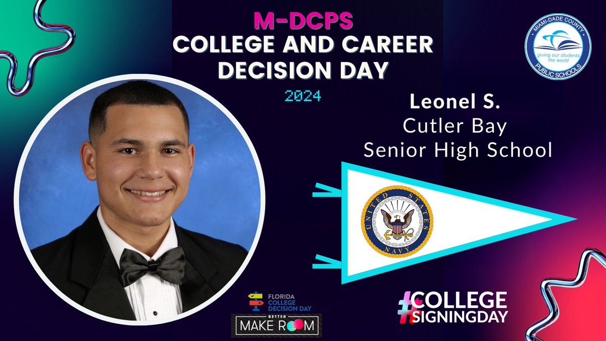 Today @MDCPS celebrates College and Career Decision Day! Leonel S. from @CutlerBaySenior will be going to the @USNavy @BetterMakeRoom #CareerReady #CollegeSigningDay #YourBestChoiceMDCPS @MDCPSSouth @SuptDotres @LDIAZ_CAO @ReachHigher @FLCollegeAccess