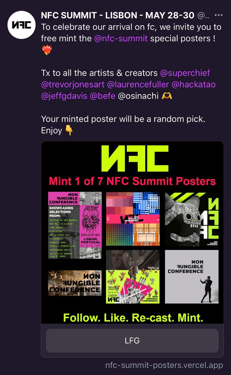 GM ! ☕️ We invite you to free mint the @NFCsummit special posters ! 🎉 Thanks to every artist and creator @SuperchiefNFT @Hackatao @trevorjonesart @LaurenceFuller @jeffgdavis @befethemad @osinachiart 🎉 👉 warpcast.com/nfc-summit/0xa…