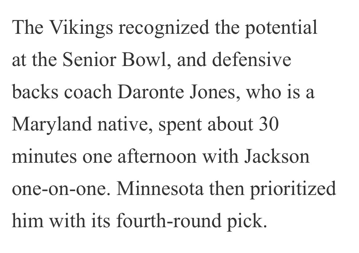 Incredible look into Khyree Jackson's circuitous path from juco to Chipotle to eventually Minnesota Vikings draft pick by The Athletic's @alec_lewis. Excited to see what Brian Flores does with Jackson's immense physical talent. theathletic.com/5470103/2024/0…