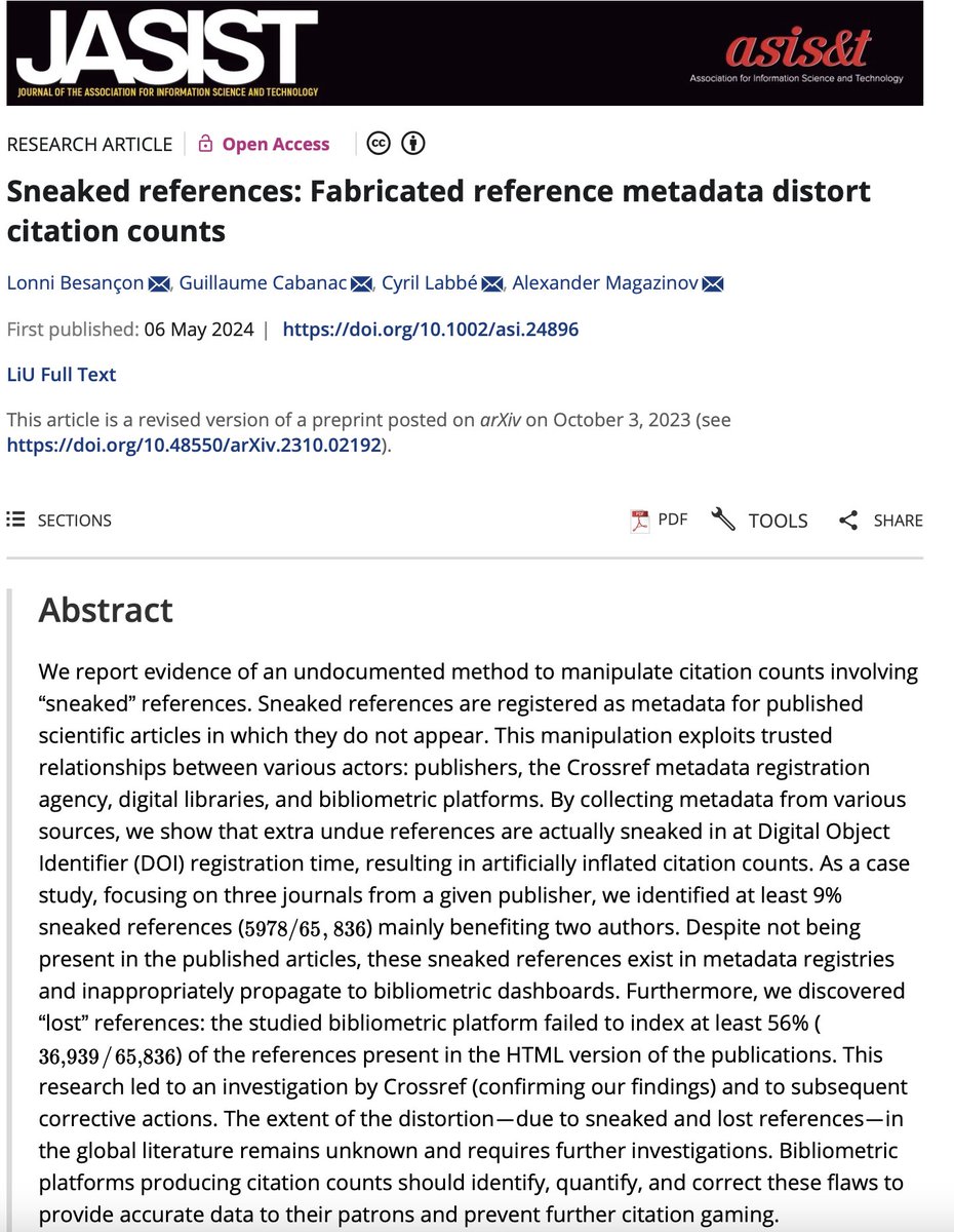 Latest preprint out!🔔 With @gcabanac C. Labbé, and A. Magazinov, we document a new way of manipulating citation counts through Crossref metadata registration. References can be ‘sneaked in’ while publishers register papers and their bibliographies. doi.org/10.1002/asi.24……