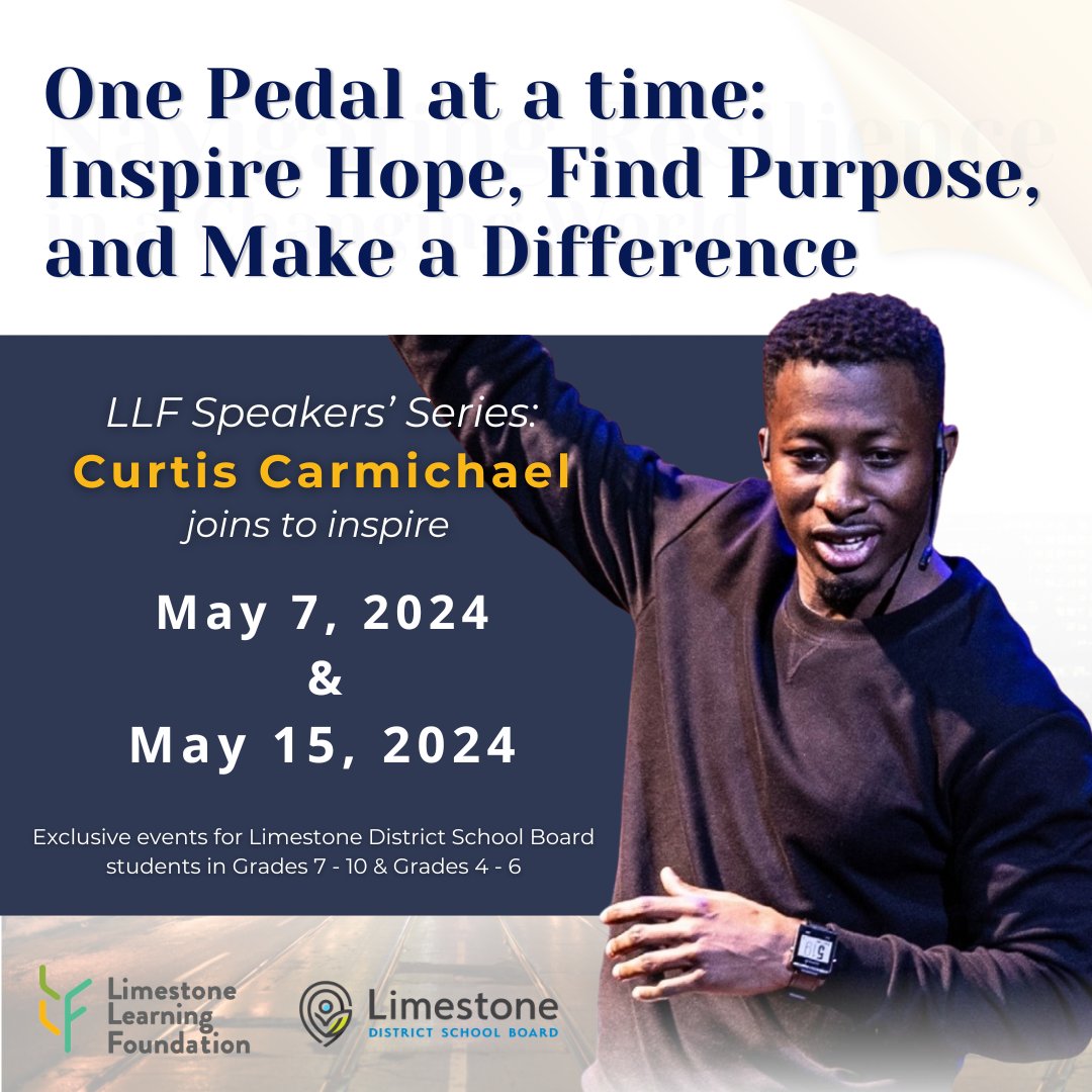 🚀 Excited for tomorrow? Curtis Carmichael takes the virtual stage at the LLF Speaker Series! @LimestoneDSB students, get ready to explore how your passions can drive positive change in your community & beyond. @CurtisCarmicc Learn more: bit.ly/3WmnaEL #InspireChange