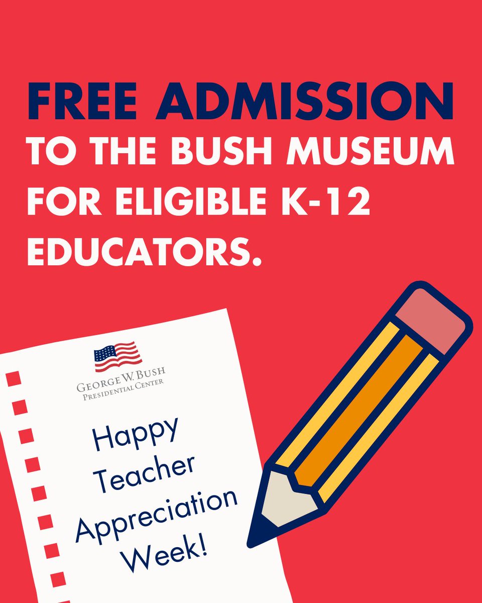 Happy #TeacherAppreciationWeek! We are pleased to offer ongoing free admission to the George W. Bush Presidential Museum for eligible K-12 educators. Learn more and plan your visit: bushcenter.org/plan-your-visi…