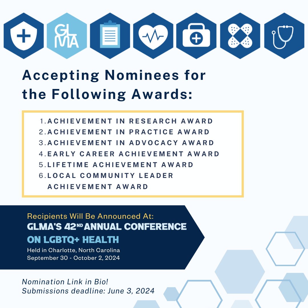 Nomination Call! In anticipation of GLMA’s 42nd Annual Conference on LGBTQ+ Health, we are thrilled to announce the opening of nominations for this year’s Annual Achievement Awards. Help honor the efforts of those dedicated to advancing LGBTQ+ health: loom.ly/sAgED3s