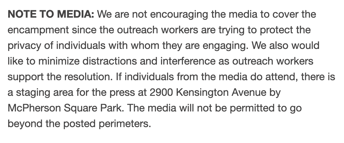 Philadelphia is shutting down a stretch of Kensington Avenue near Allegheny for seven hours on Wednesday. This is part of the city's 'encampment resolution.' The official release says press 'will not be permitted' to enter the era.