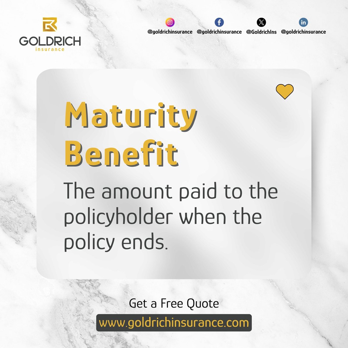 𝗠𝗮𝘁𝘂𝗿𝗶𝘁𝘆 𝗕𝗲𝗻𝗲𝗳𝗶𝘁:
The amount paid to the policyholder when the policy ends.

Get Your Free Quote: goldrichinsurance.com

#insurance #lifeinsurance #insuranceagent #insurancebroker #healthinsurance #business #investment #finance