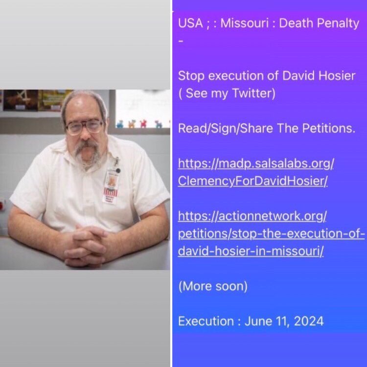 #Missouri Stop execution of #DavidHosier ( See my Twitter) Read/Sign/Share The Petitions. madp.salsalabs.org/ClemencyForDav… (You can sign with Name, First Name and Email.) And : actionnetwork.org/petitions/stop… (More soon) Execution : June 11, 2024 @GovParsonMO