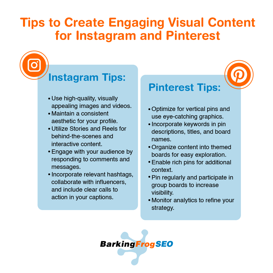 🌟Ready to take your Instagram and Pinterest game to the next level? Learn how to capture attention, spark engagement, and keep it visually appealing with our professional tips! 

#SocialMediaMarketing #visualcontent #instagram #pinterest #barkingfrogseo
🔗barkingfrogseo.com