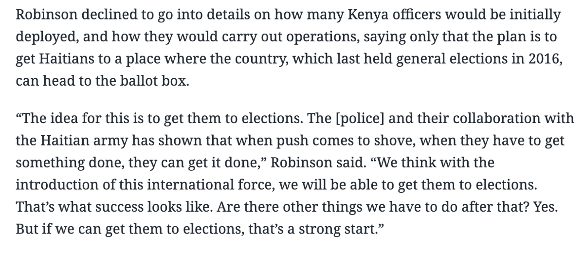 'With the introduction of this international force, we will be able to get them to elections. That’s what success looks like,' the head of @StateINL, told @MiamiHerald. Less than 1/4 of Haitians trust elections. It's not only security. A vote can't just be a box to ✅ (again).