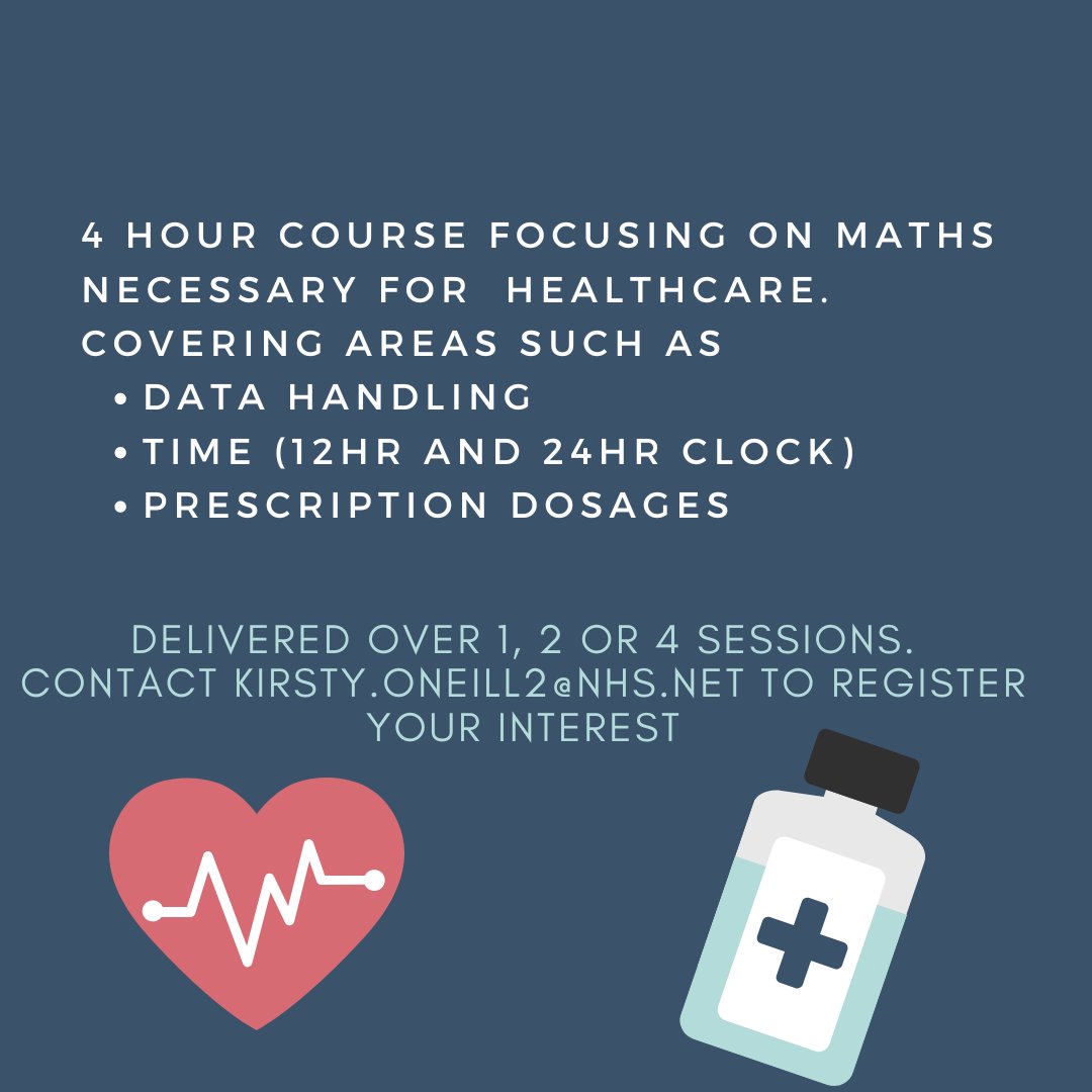 Looking to sharpen your maths skills in Health and Social Care? Enhance your confidence with our free online or in-person training! 💪 Get in touch with us at kirsty.oneill2@nhs.net to secure your spot. 📚✍️ #HealthcareProfessionals #CPD #FreeTraining