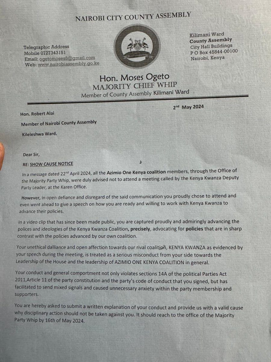 Azimio is not learning from its mistakes. They're still pursuing the politics of intimidation & threats that failed them in 2022.

How's Robert Alai's attendance of a flood-response meeting constitute a gross misconduct?

Robert rose from obscurity & achieved an ambition bigger…