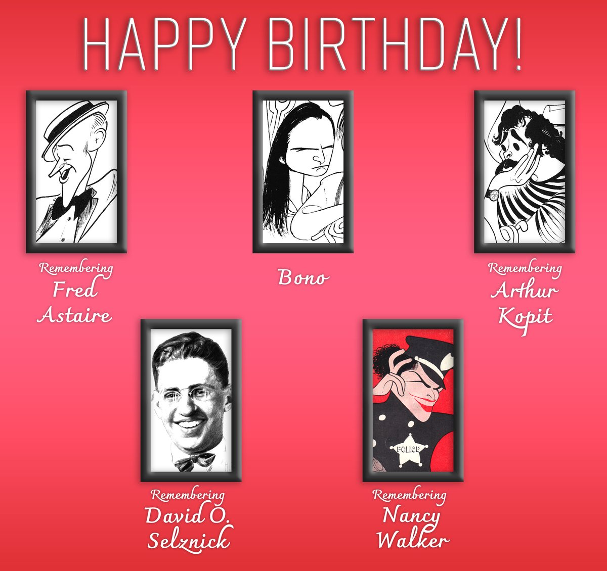 Today in Hirschfeld Birthdays: Fred Astaire, Bono, Arthur Kopek, David O. Selznick, and Nancy Walker! View full works at alhirschfeldfoundation.org #Hirschfeld #Art #Drawings #Birthdays #FredAstaire #Bono #Film #TV #Theater #Music #U2