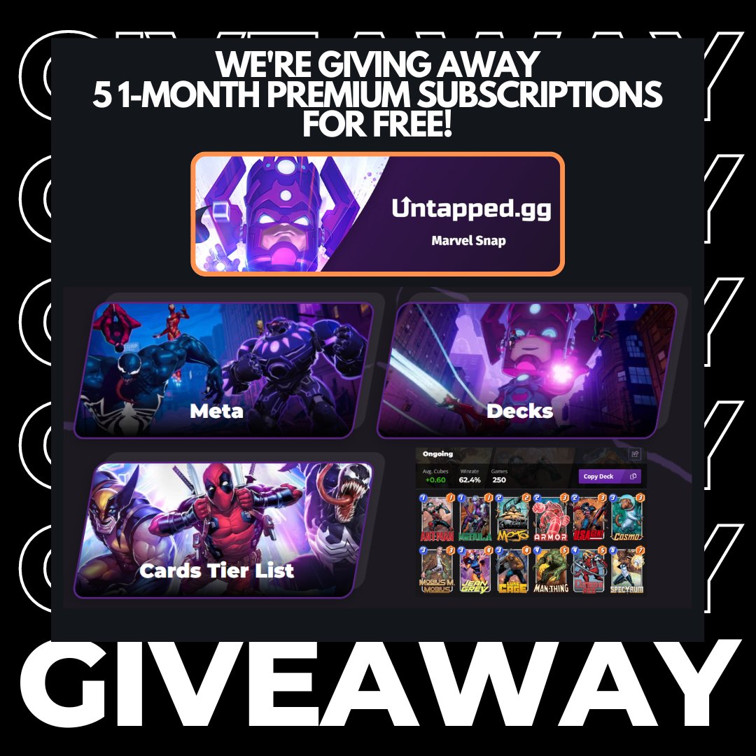 📢GIVEAWAY TIME📢

The awesome <a href="/UntappedSNAP/">Untapped.gg | MARVEL SNAP</a> folks are letting me give away 5 SUBSCRIPTIONS!

Kick off the new season with in-depth stats!

To enter: 
✅Follow, like, retweet
✅Sub on YT: bit.ly/3X0ZoMU
✅Comment with the new card you're most excited for this season