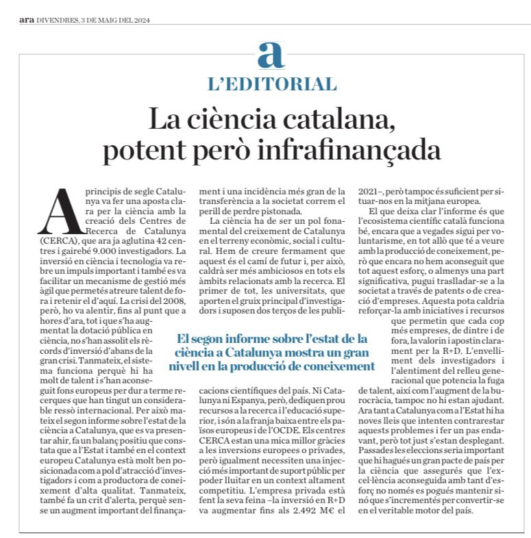 'La ciència catalana, potent però infrafinançada'. L'editorial del @diariARA @estherveraARA @aragayi @quimnadal @recercauniscat @fundaciorecerca @iCERCA @ACUPcatalunya @eponsf @ArcadiNavarro @enriccanela @QuimBrugue @BCNCiencia @XavierFerras @ealmirall