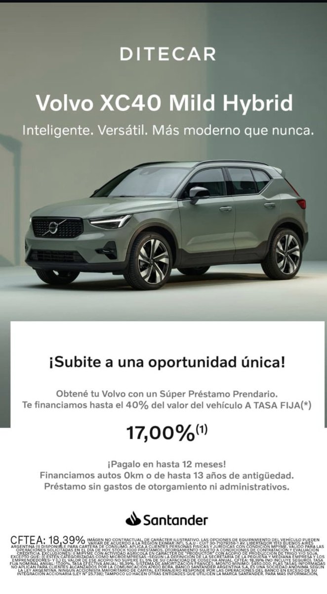 Dato. Lo adelantaba hace unas semanas. Volvo lanza financiación de crédito prendario con tasa fija de 17% anual. Financia hasta el 40% del valor del modelo en 12 meses. Hay créditos de otras marcas para 0km más accesible, pero ahora se suman los de alta gama