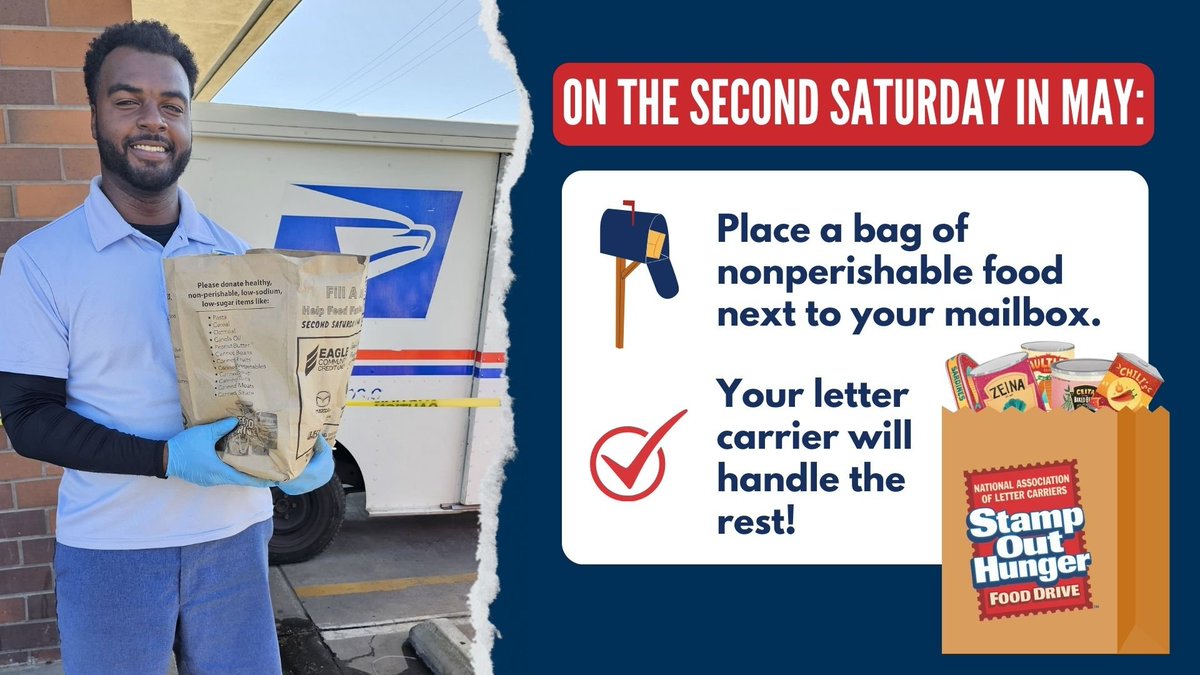 Saturday, May 11, 2024: Put some non-perishable food items in a bag near your mailbox for your @NALC_National letter carrier in @USPS to pick up for the annual food drive by union members to #StampOutHunger. 
Food donated will be distributed to local food banks in your community.