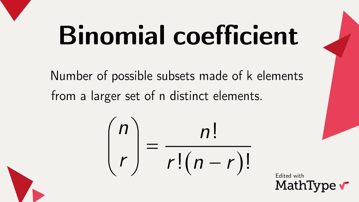 The binomial coefficient is a mathematical expression that quantifies the number of possible combinations when selecting k items from a set of n distinct items without regard to the selection order. It has many applications. Could you name one? #MathType #math #mathfacts