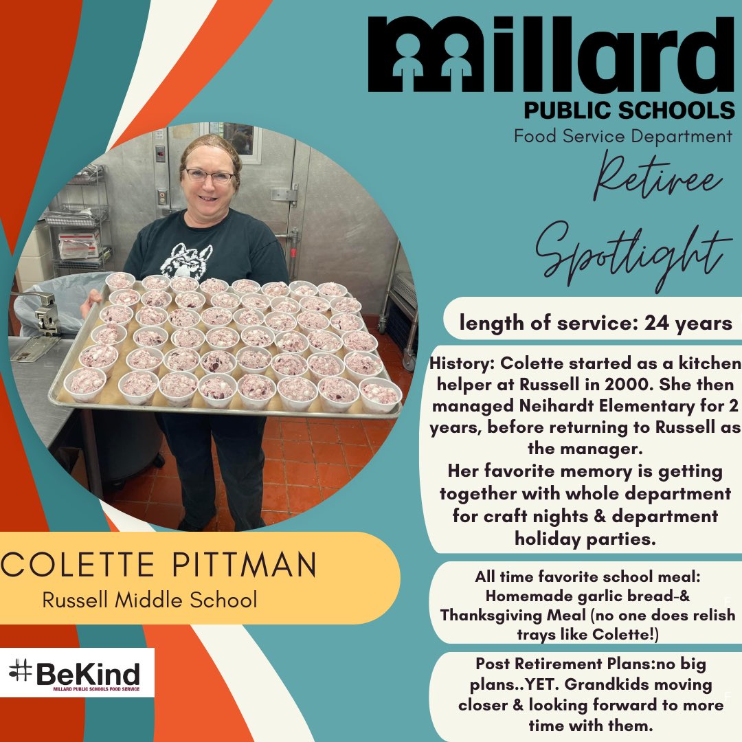 Millard Food Service (@mpsschoollunch) on Twitter photo As we wind down the year we want to celebrate our retirees in our department. Colette, thank you for all you have done to serve the students and staff of Millard! <a href="/MillardPS/">Millard Public Schools</a> <a href="/mps_russell/">Russell Middle</a> As we wind down the year we want to celebrate our retirees in our department. Colette, thank you for all you have done to serve the students and staff of Millard! <a href="/MillardPS/">Millard Public Schools</a> <a href="/mps_russell/">Russell Middle</a>