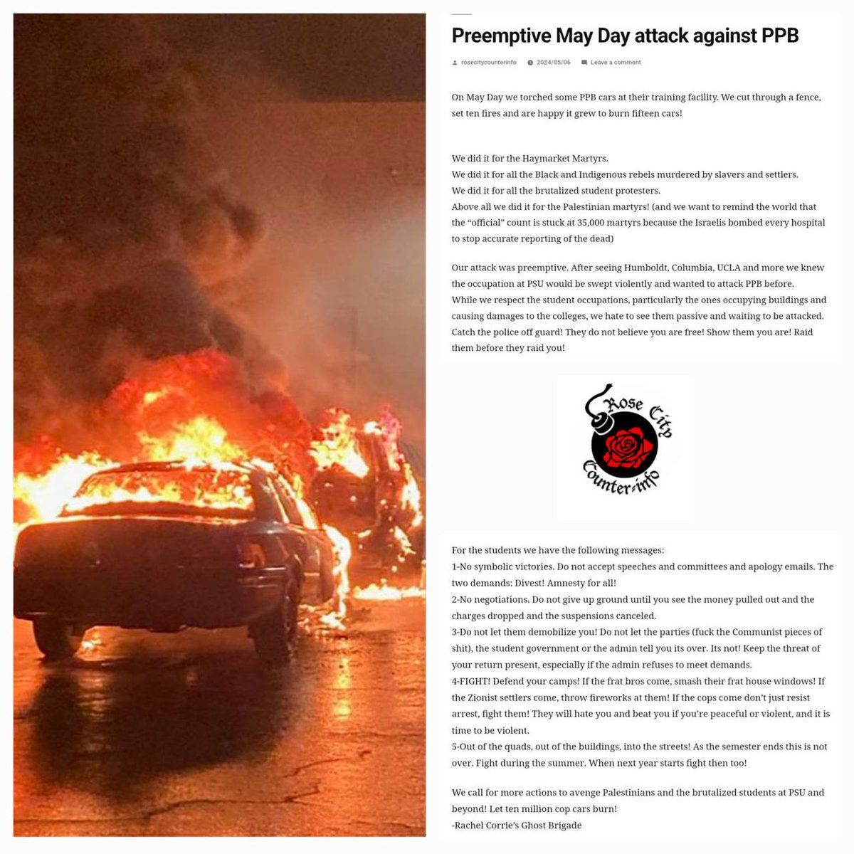 🚨 Breaking: Big Encampment Escalation An anonymous group calling itself “Rachel Corrie’s Ghost Brigade” claimed responsibility for the May 1st burning of 15 Portland Police Department cars, calling it a 'preemptive attack' to prevent them from dismantling the encampment at…